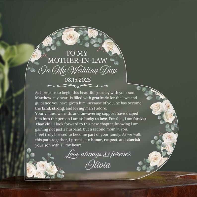 To My Mother-in-law On My Wedding Day Gift, Mother Of The Groom Personalized Heart Plaque, Wedding Day Gift For Mother in law, From Bride