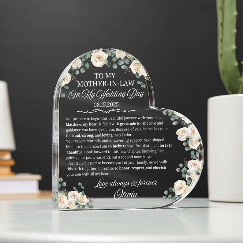 To My Mother-in-law On My Wedding Day Gift, Mother Of The Groom Personalized Heart Plaque, Wedding Day Gift For Mother in law, From Bride