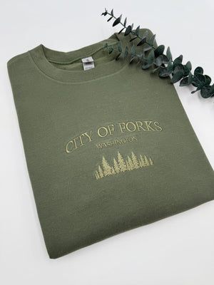 City of Forks Embroidered Sweatshirt | Washington Hoodie | Unisex Crewneck | Forest Embroidery | Twilight-Inspired Gift | Custom Colors il_794xN.6668986899_6m5l.jpg