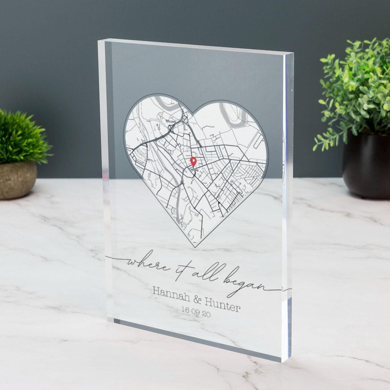 Where We First Met Personalised Heart Map Print of City Custom Acrylic Block Any Location First Date Where It All Began Anniversary Gift