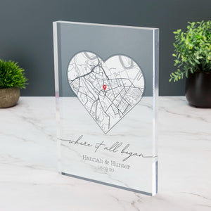 Where We First Met Personalised Heart Map Print of City Custom Acrylic Block Any Location First Date Where It All Began Anniversary Gift