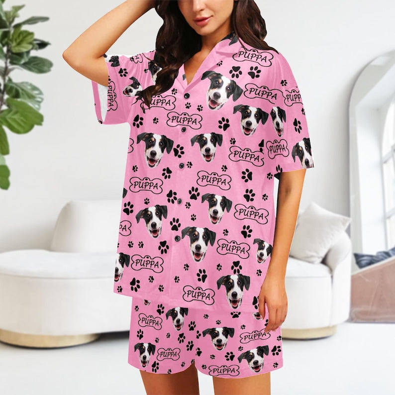 Custom Pet Face and Name On Unisex Short Pajamas, Custom Photo Pajamas, Personalized Your Pet Photo on Pet Lover PJs, Father's PJs, Pet PJs