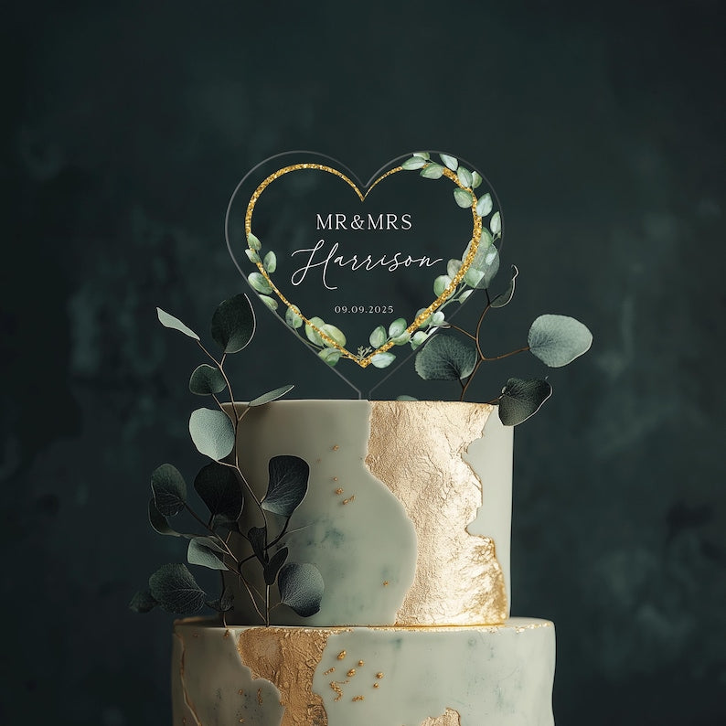 Floral Wreath Wedding Cake Topper, Acrylic Cake Topper for Wedding, Gold Acrylic Cake Topper, Eucalyptus Custom Wedding Cake Topper