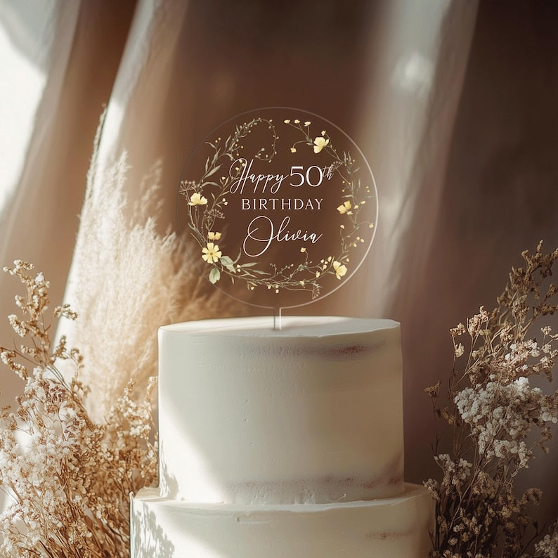 Happy Birthday Acrylic Cake Topper, 50th Birthday Cake Topper, Custom Cake Topper for Birthday, Custom Name Cake Topper