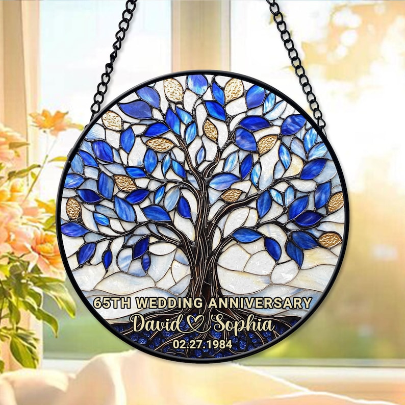 Personalized 65th Wedding Anniversary Window Faux Stained Glass Suncatcher, Wedding Anniversary Keepsake, Sapphire Wedding Anniversary Gift