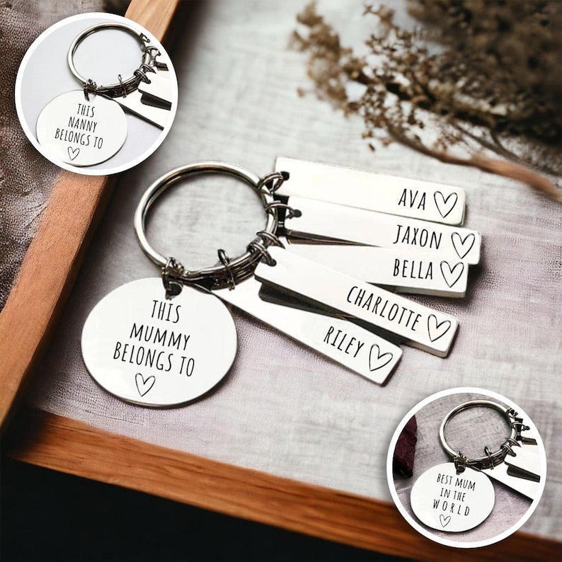 Personalised Family Keyring Mother's Day Gift: Nanny, Mummy Belongs To Personalized Engraved Daddy, Nanny, Grandad, Mum Loved By Name Tags