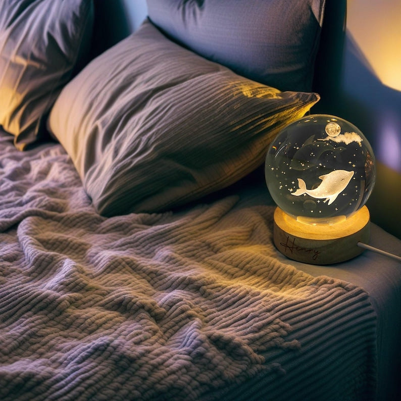 Custom Jellyfish Night Lamp, Cute Room Decor, Whale Ball Night Light, Glass Globe Light, Sphere Desk Lamp, 3d Engraved Crystal Novelty Decor