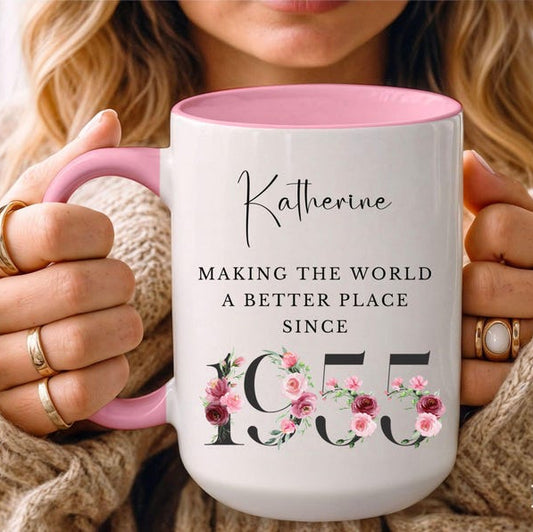Personalized 70th Birthday Mug, Custom Name Mug, Gift for 70th Birthday Woman, Making the World a Better Place Since 1955, Floral Mug Cup