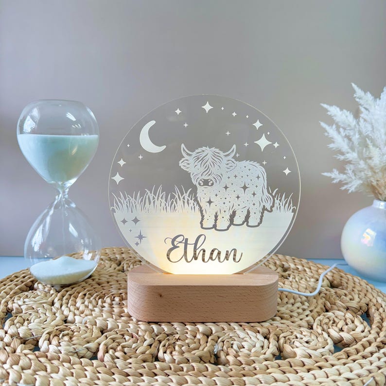 Custom Highland Cow Night Light - Personalized LED Lamp Kids Room, Nursery Decor, Unique Baby Shower Gift, Boy/Girl Name Bedroom Nightlight