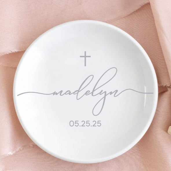 Baptism Gift for Girl Jewelry Bowl, Personalized Jewelry Dish, Christening Dedication Gift from Godmother, Goddaughter Baptism Keepsake Gift