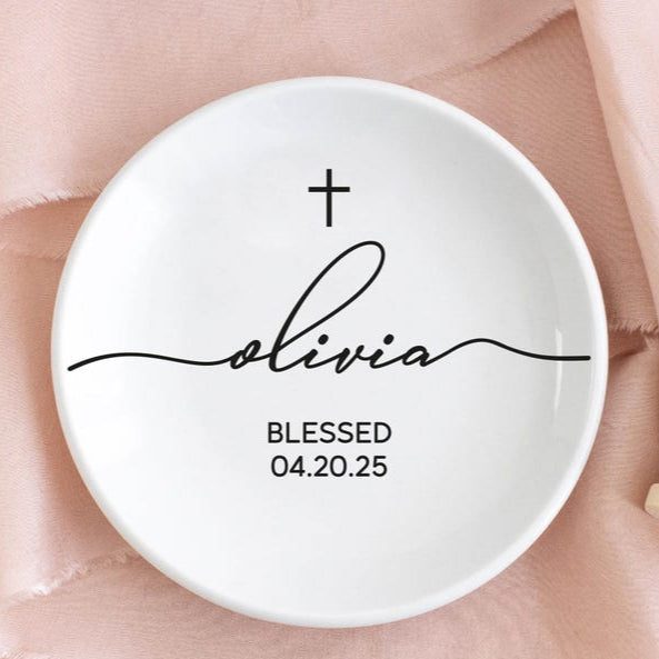 Baptism Gift for Girl Jewelry Bowl, Personalized Jewelry Dish, Christening Dedication Gift from Godmother, Goddaughter Baptism Keepsake Gift