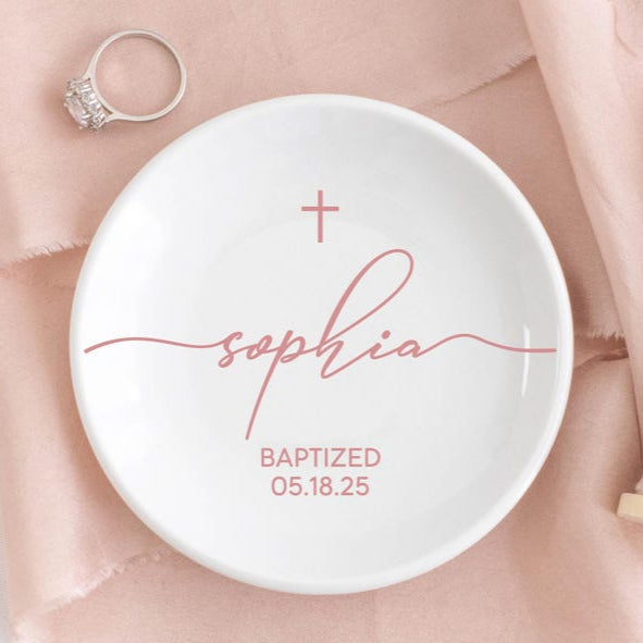 Baptism Gift for Girl Jewelry Bowl, Personalized Jewelry Dish, Christening Dedication Gift from Godmother, Goddaughter Baptism Keepsake Gift