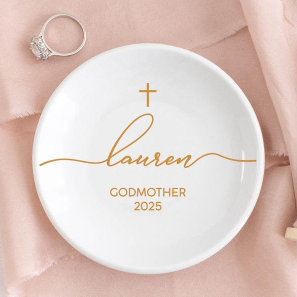 Baptism Gift for Girl Jewelry Bowl, Personalized Jewelry Dish, Christening Dedication Gift from Godmother, Goddaughter Baptism Keepsake Gift