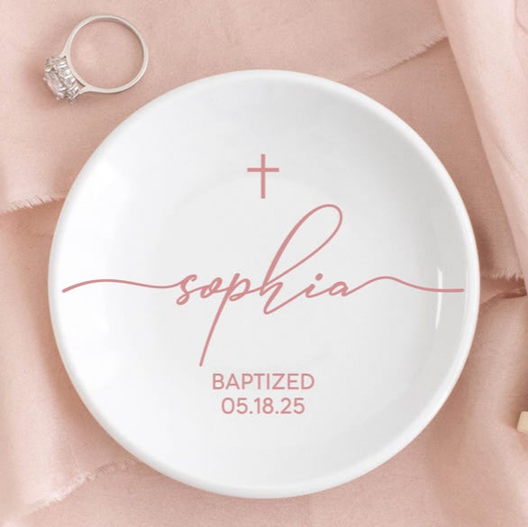 Baptism Gift for Girl Jewelry Bowl, Personalized Jewelry Dish, Christening Dedication Gift from Godmother, Goddaughter Baptism Keepsake Gift