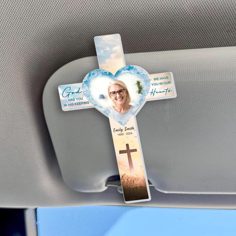 God Has You In His Arms Custom Photo Car Visor Clip, Personalized Memorial Gift, Custom Memorial Sun Visor Picture Clip,Gift Car Accessories, Memorial Keepsake Gift