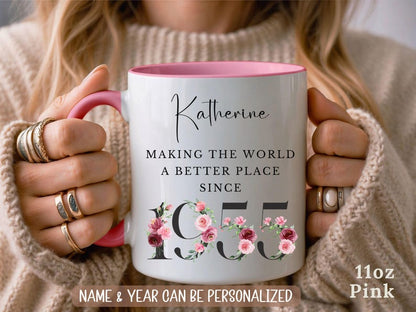 Personalized 70th Birthday Mug, Custom Name Mug, Gift for 70th Birthday Woman, Making the World a Better Place Since 1955, Floral Mug Cup