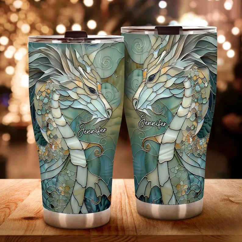Love Dragons Personalized Dragon Tumbler, Mosaic Artistic Dragon Lover Travel Mug, Blue Dragon Tumbler, Gift for Dad, Custom Travel Mug