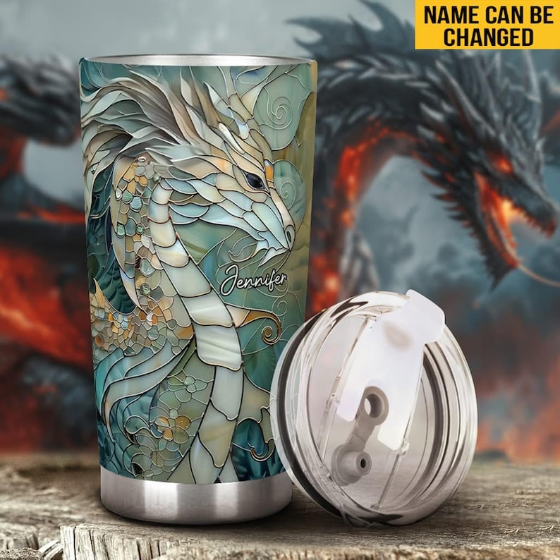Love Dragons Personalized Dragon Tumbler, Mosaic Artistic Dragon Lover Travel Mug, Blue Dragon Tumbler, Gift for Dad, Custom Travel Mug