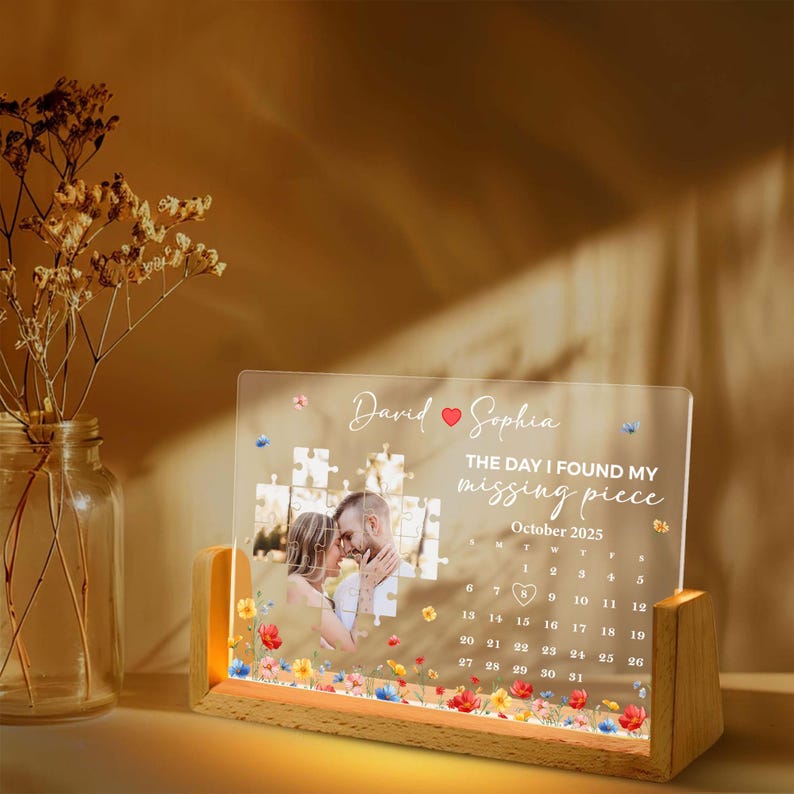Personalized Calendar Couple Photo Puzzle Night Light, Valentine Gifts, Anniversary Gift for Couple, The Day I Found My Missing Piece Lamp