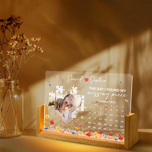 Personalized Calendar Couple Photo Puzzle Night Light, Valentine Gifts, Anniversary Gift for Couple, The Day I Found My Missing Piece Lamp