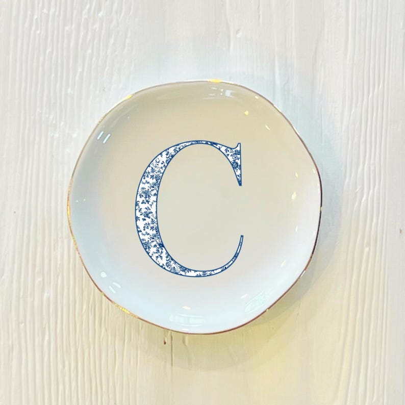 Personalized Blue Toile Initial Ring Trinket Dish | Blue Bow Toile Ring Dish | Girly Jewelry Dish | Gift for Her