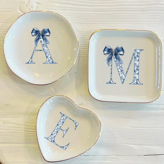 Personalized Blue Toile Initial Ring Trinket Dish | Blue Bow Toile Ring Dish | Girly Jewelry Dish | Gift for Her