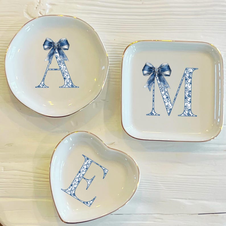 Personalized Blue Toile Initial Ring Trinket Dish | Blue Bow Toile Ring Dish | Girly Jewelry Dish | Gift for Her