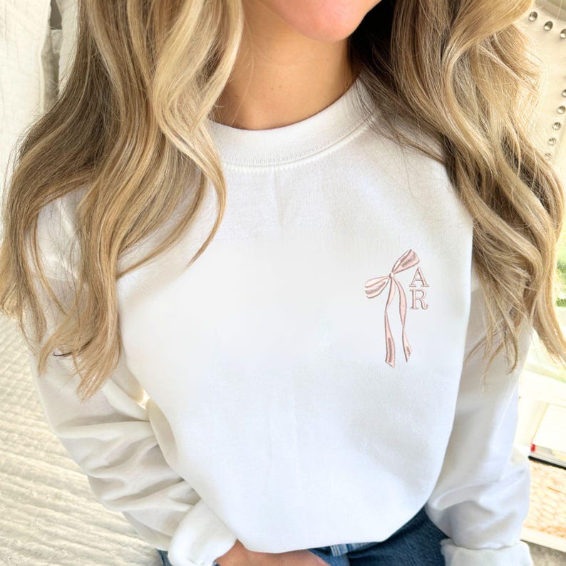 Custom Initial Bow Ribbon Embroidered Crewneck Sweatshirt - Hoodie | Bridal Party Sweatshirt | Bridesmaid Proposal |Cute Bow Shirt il_794xN.6676342849_hoia.jpg