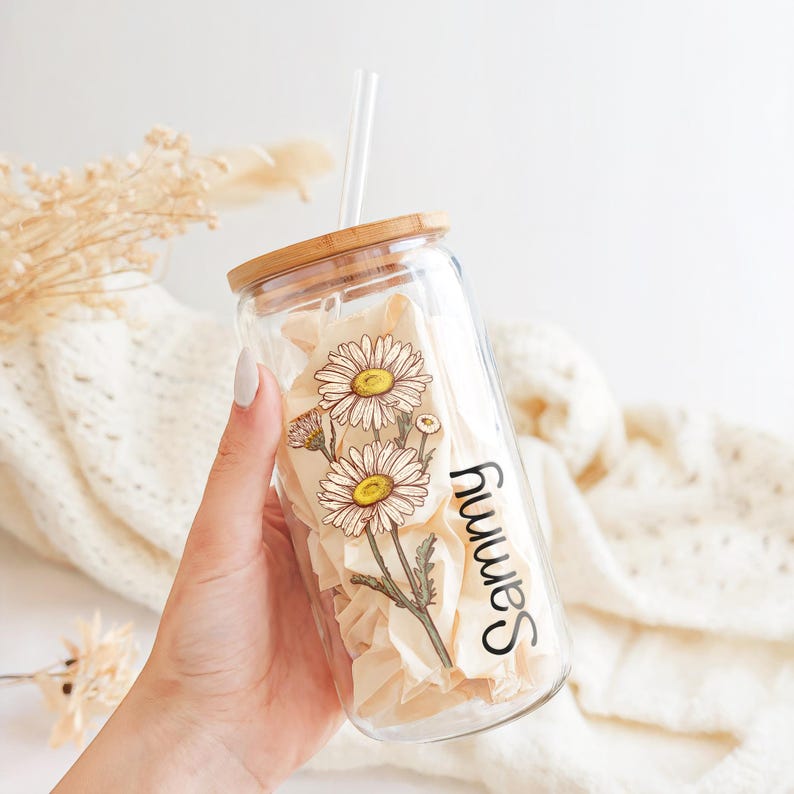 Bridesmaid Gift - Custom Bridesmaid Proposal Gift Birth Flower Glass Tumbler - Personalized Wedding Gift - Birth Flower Gift