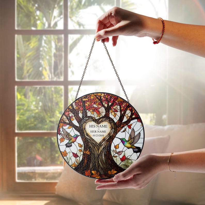 Personalized Tree of life anniversary GLASS Suncatcher Hanging - Wedding Anniversary gift, Hummingbird lovers gift for husband wife