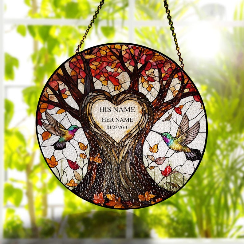 Personalized Tree of life anniversary GLASS Suncatcher Hanging - Wedding Anniversary gift, Hummingbird lovers gift for husband wife
