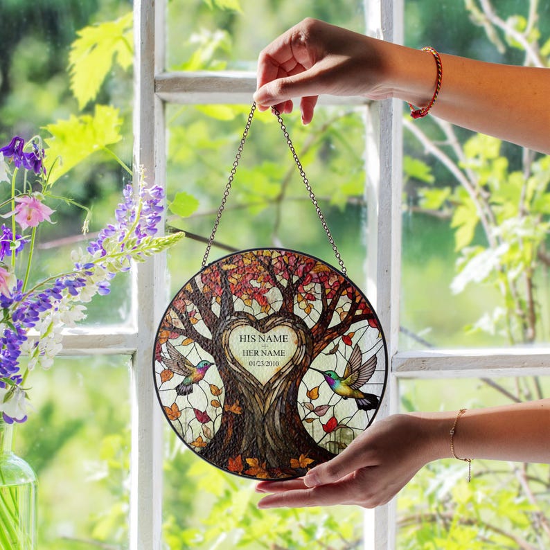 Personalized Tree of life anniversary GLASS Suncatcher Hanging - Wedding Anniversary gift, Hummingbird lovers gift for husband wife