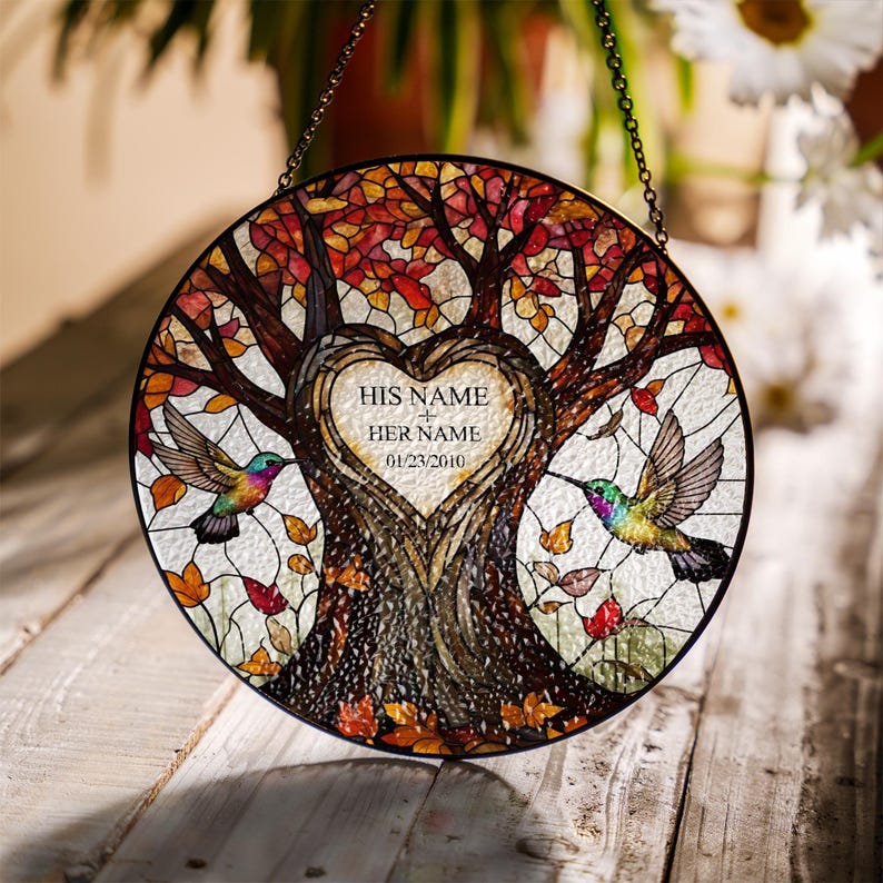 Personalized Tree of life anniversary GLASS Suncatcher Hanging - Wedding Anniversary gift, Hummingbird lovers gift for husband wife
