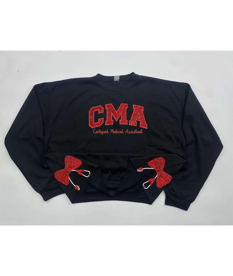 Embroidered CMA Medical Assistant Sweatshirt, Glitter Stethoscope, Nurse Coquette Bow Side, Med Assistant, Certified Medical Assistant Shirt il_794xN.6677396738_974w.jpg