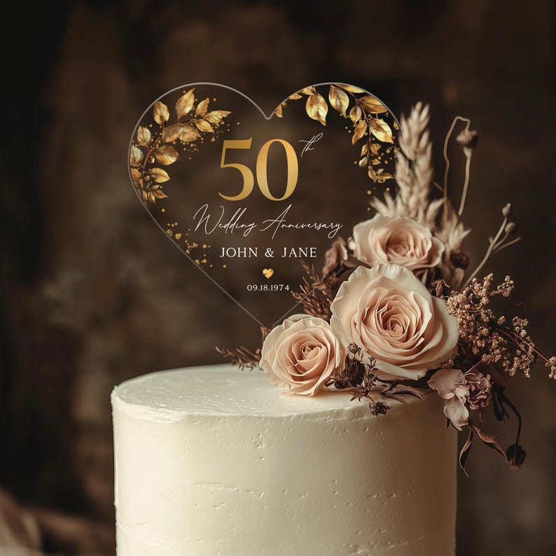 50th Anniversary Cake Topper, Gold Wedding Anniversary Cake Topper, Acrylic Cake Topper for Wedding, 50th Anniversary Gift, Anniversary Gift