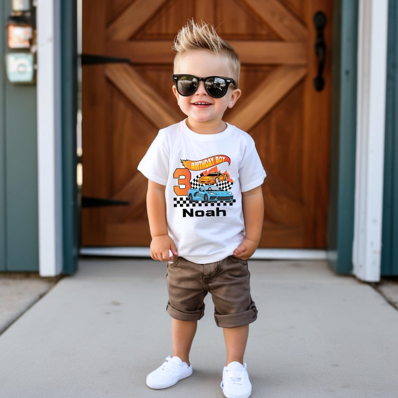 Custom Birthday Boy Toddler Tee, Racing Car Outfits,Custom years 3rd Birthday Party Gift Shirt, Kids Graphic Tee, Race Car Shirt for Boys, Gift for Boy