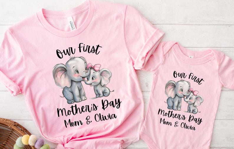 Personalized Mom & Baby Matching Elephant T-Shirts - Custom Names, Our First Mother's Day Gift Idea - Perfect for Mother's Day