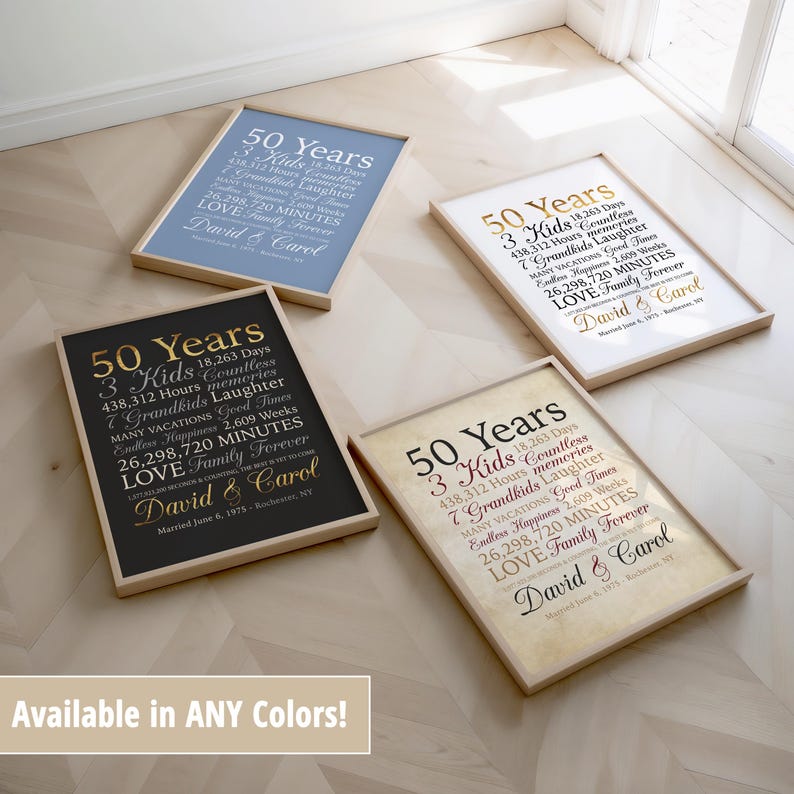 50th Anniversary Gift for Parents, Personalized Wall Art for 50 Years of Marriage, Golden Anniversary Gifts