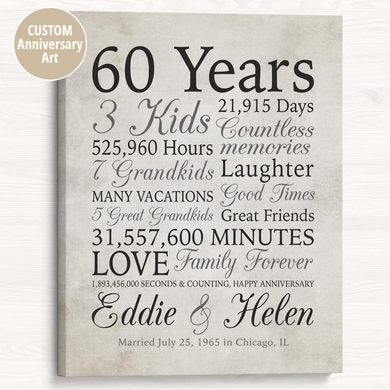 60th Anniversary Gift, 60 Years Married, Gift for Grandma and Grandpa, Grandparents Anniversary, Parents, Diamond Gray Sign, Married 1965