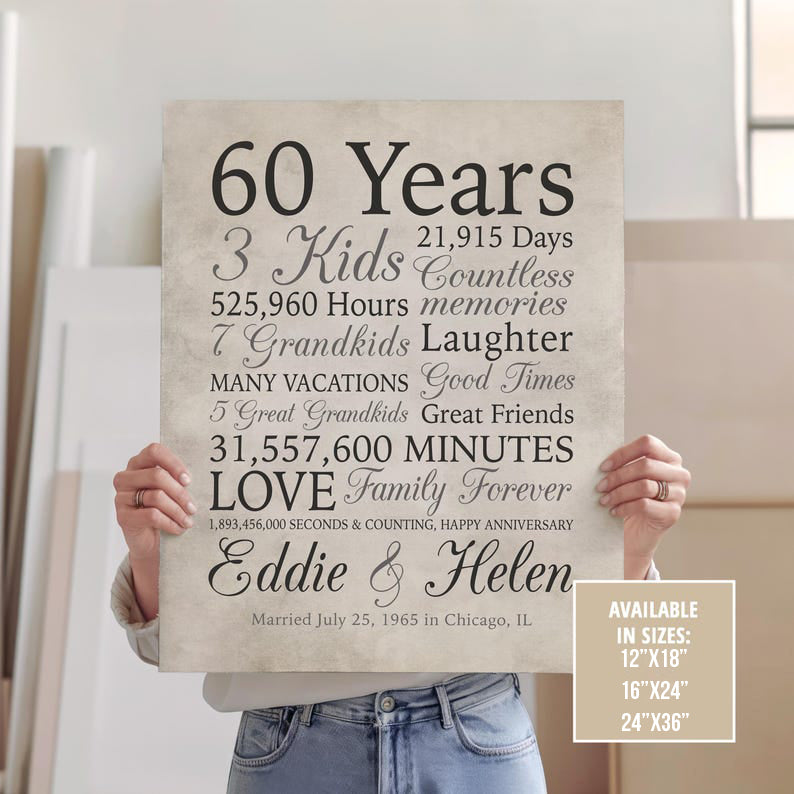 60th Anniversary Gift, 60 Years Married, Gift for Grandma and Grandpa, Grandparents Anniversary, Parents, Diamond Gray Sign, Married 1965