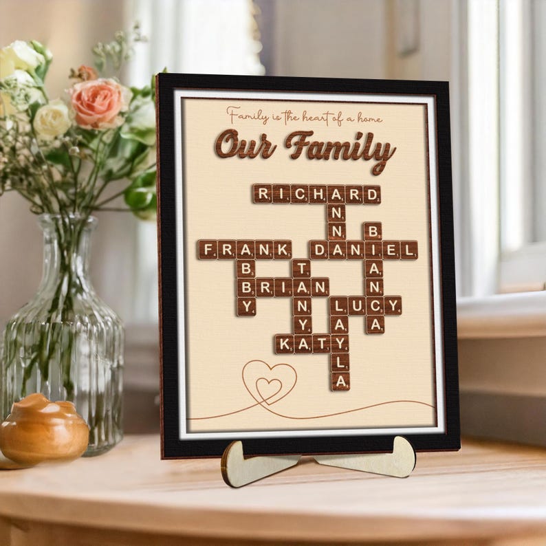 Custom Scrabble Family Name Frame,Scrabble Puzzle,Grandkid Crossword Scrabble Wooden Sign,Unique Gift for Parents Grandparent,Last Name Sign