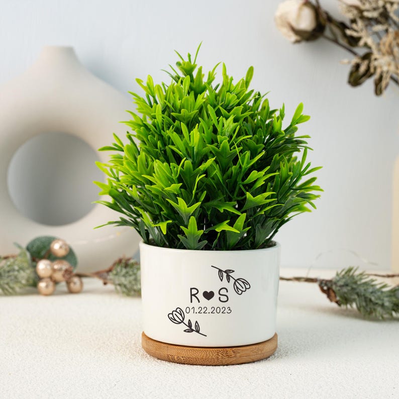 Personalized Ceramic Planter Pot with Bamboo Tray: Engagement Gift Couple Gift Christmas Gift