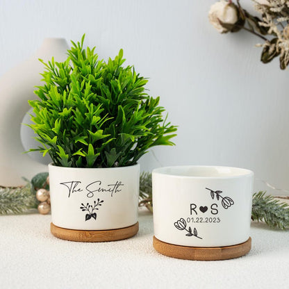 Personalized Ceramic Planter Pot with Bamboo Tray: Engagement Gift Couple Gift Christmas Gift