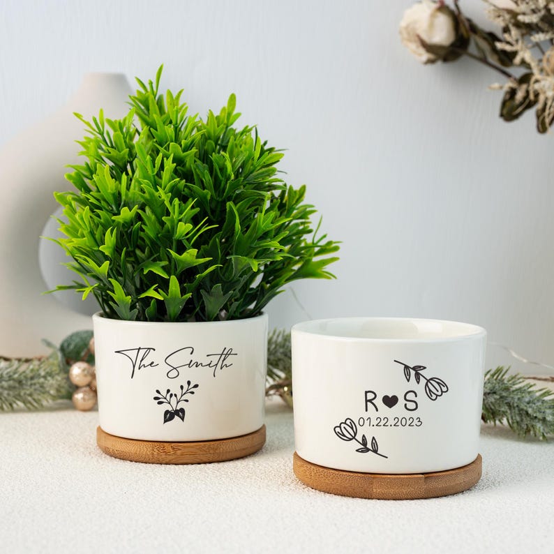 Personalized Ceramic Planter Pot with Bamboo Tray: Engagement Gift Couple Gift Christmas Gift