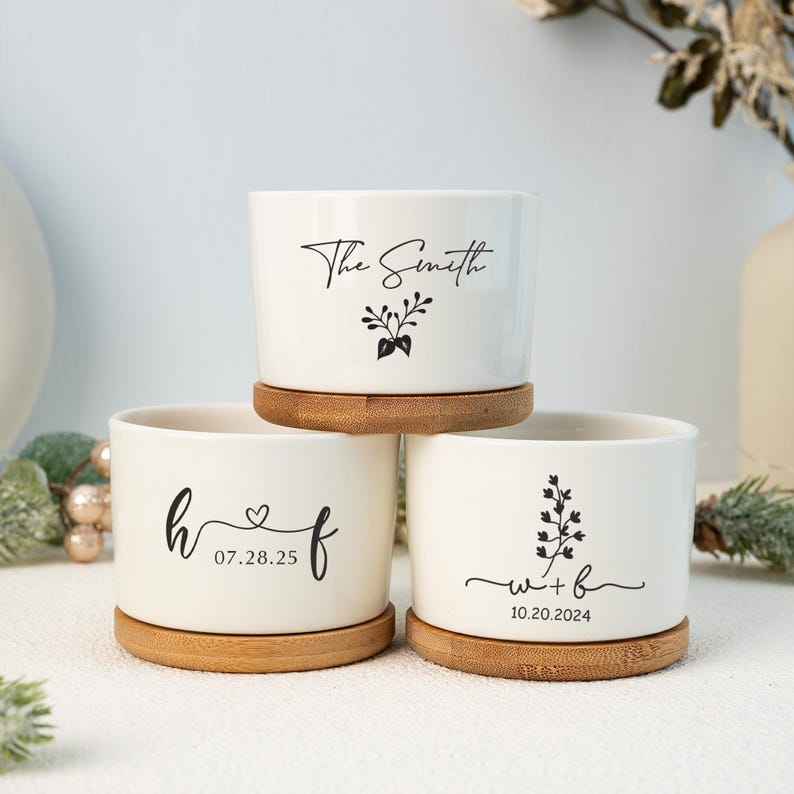 Personalized Ceramic Planter Pot with Bamboo Tray: Engagement Gift Couple Gift Christmas Gift