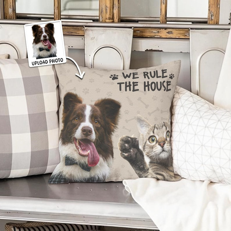Custom Dog Photo Pillow - My House, My Rules Personalized Pet Cushion - Funny and Unique Gift for Dog Lovers - Cat Family Favorite Pillow