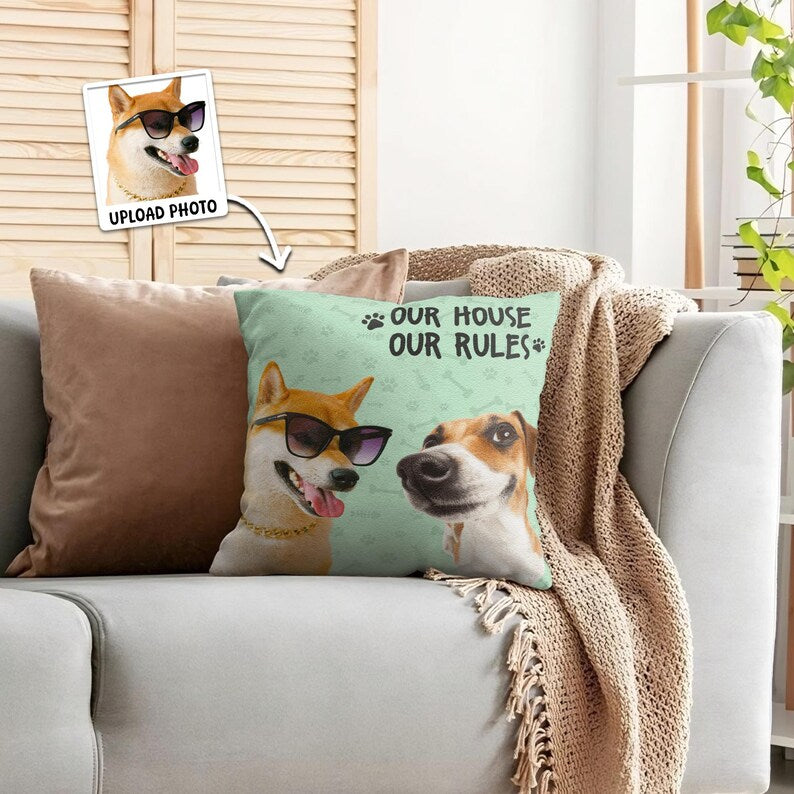 Custom Dog Photo Pillow - My House, My Rules Personalized Pet Cushion - Funny and Unique Gift for Dog Lovers - Cat Family Favorite Pillow