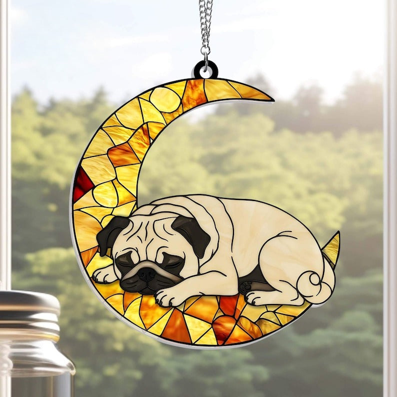 Pug Sleeping On The Moon Acrylic Suncatcher Window Hanging, Pug Window Decor, Dog Lover Gift, Memorial Dog Gift, Indoor Decor, Pug Mom Gift