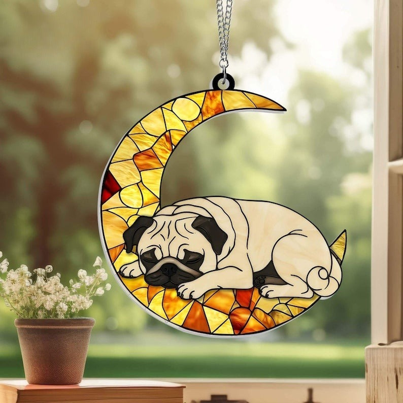 Pug Sleeping On The Moon Acrylic Suncatcher Window Hanging, Pug Window Decor, Dog Lover Gift, Memorial Dog Gift, Indoor Decor, Pug Mom Gift