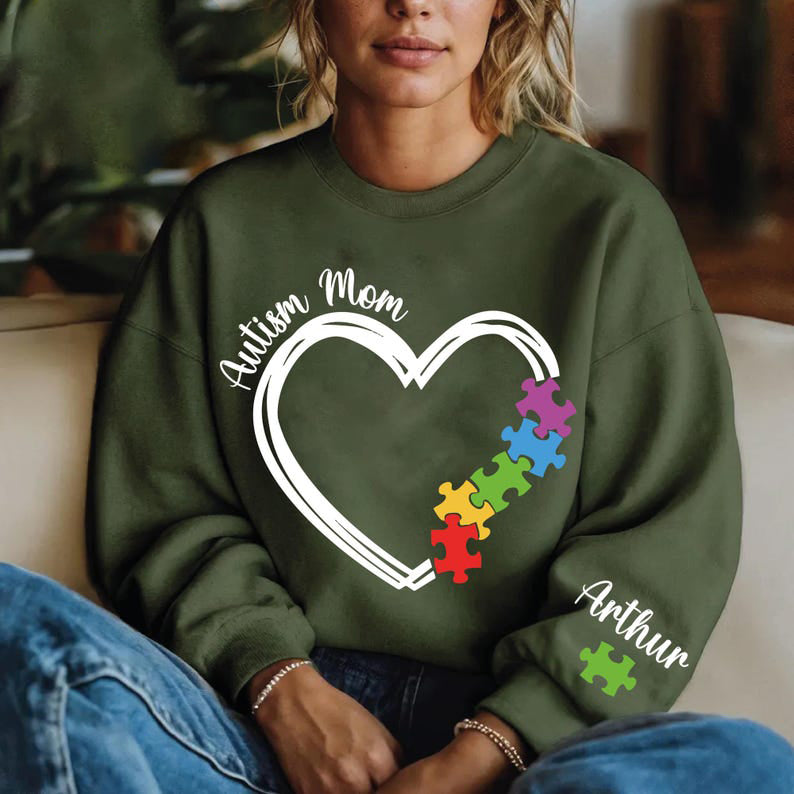 Custom Autism Mom With Kids Name on Sleeve Sweatshirt, Autism Mom Hoodie, Autism Awareness Sweater, Support Autism Hoodie, Autism Acceptance